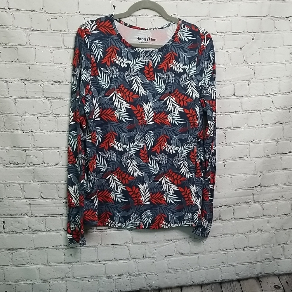 Hang Ten Women's Long Sleeve Sun Shirt Large Red Blue Leaf Pattern